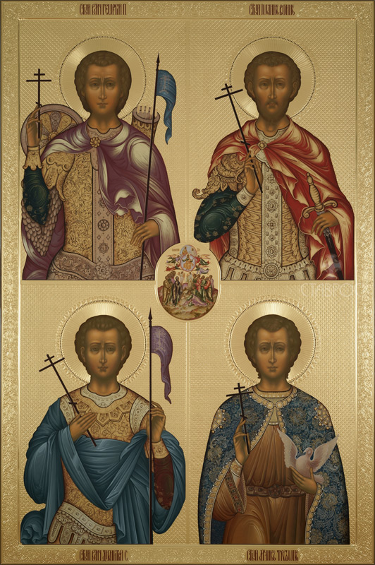 Рукописная икона Святые Георгий Иоанн Димитрий Трифон 