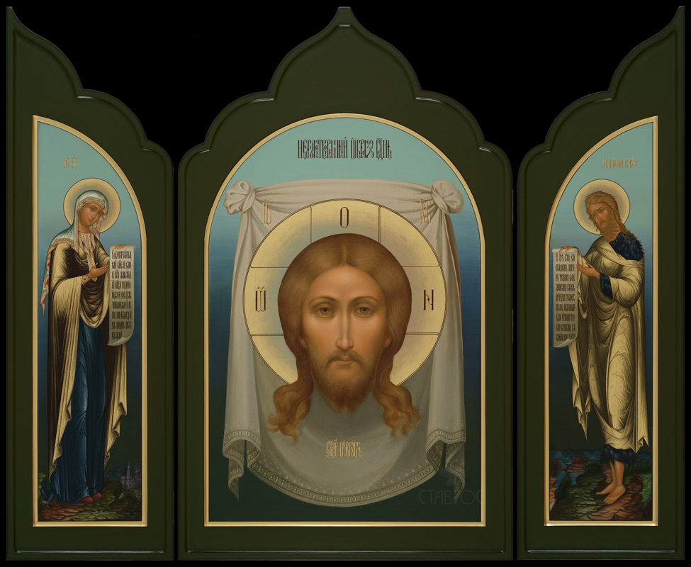 Рукописная икона Спас нерукотворный, Богородица, Иоанн Предтеча