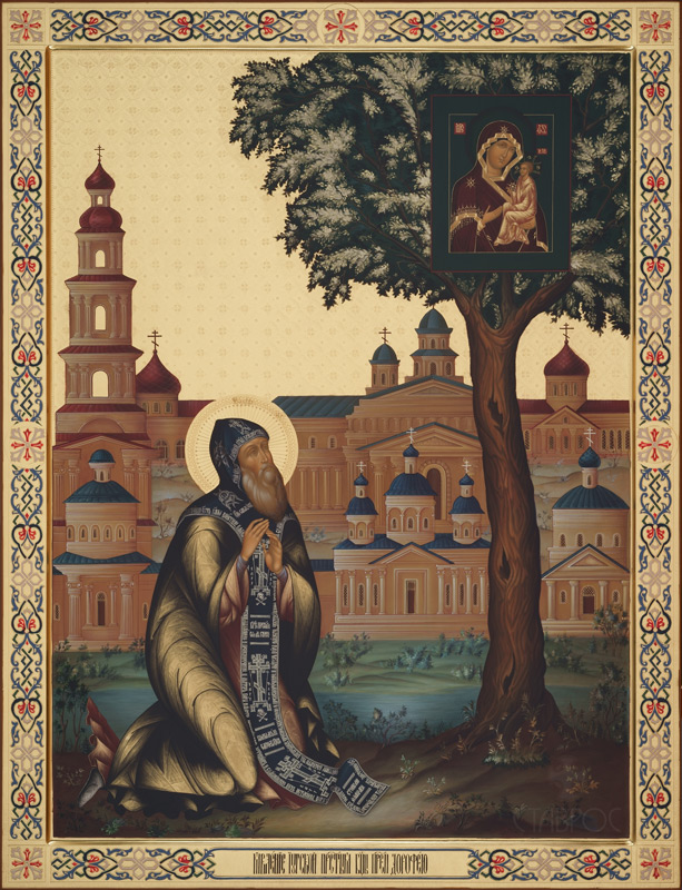 Рукописная икона "Явление Югской иконы Божией Матери преподобному Дорофею"